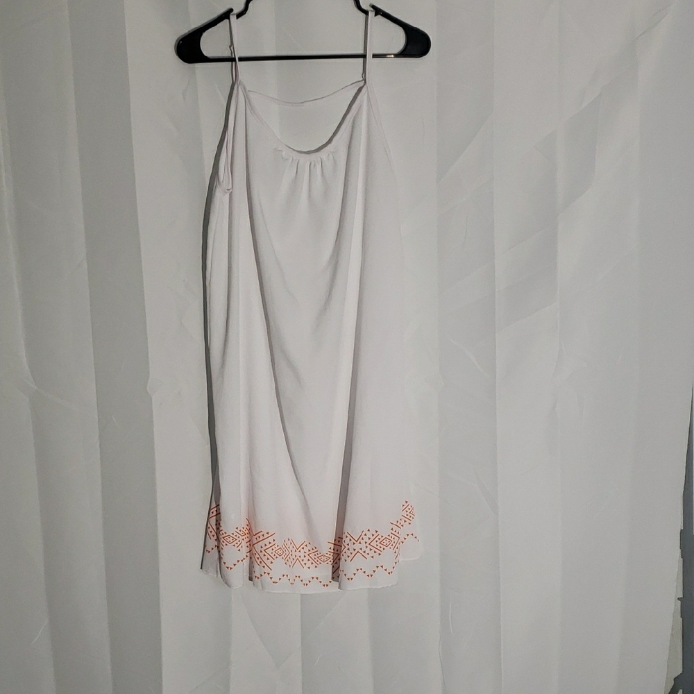 Cotton Blend Trapeze Dress White  with Orange Geometric Pattered Hem Size XL